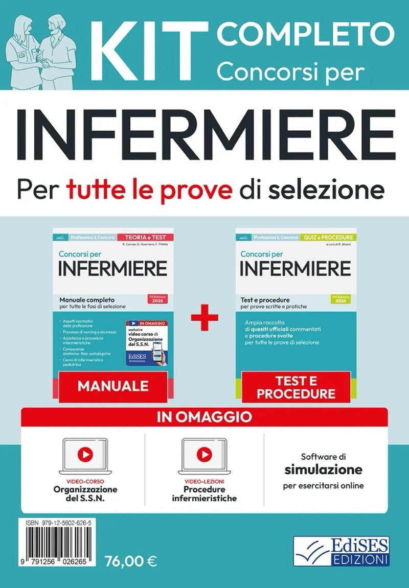 Kit completo concorsi per infermiere - Per tutte le prove di selezione - Manuale di teoria + Test e procedure - Con video corso e Software di simulazione